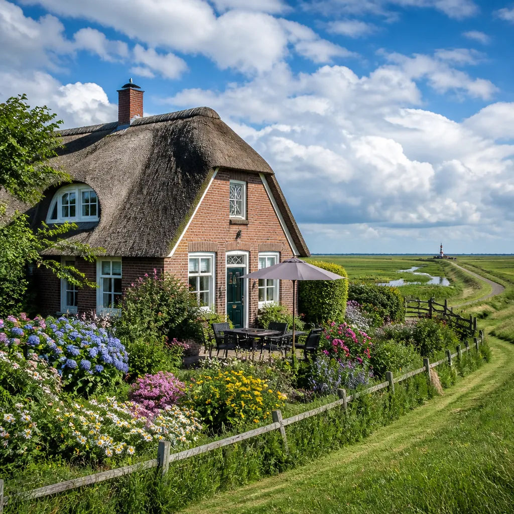 Reetgedecktes Friesenhaus mit Garten inmitten von Marschland und Deichen in Rodenäs