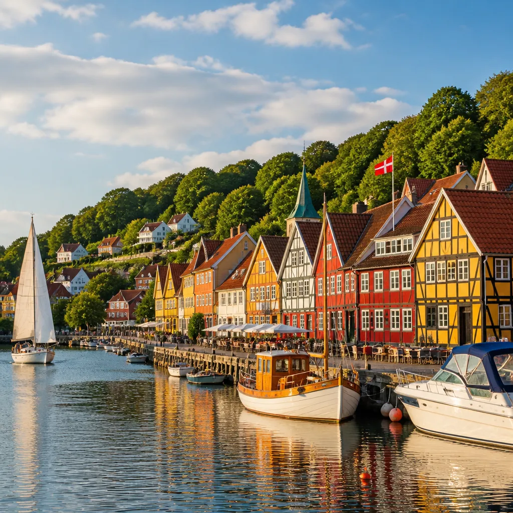 Hafen von Aabenraa mit Booten und farbenfrohen Fachwerkhaeusern entlang der Foerde