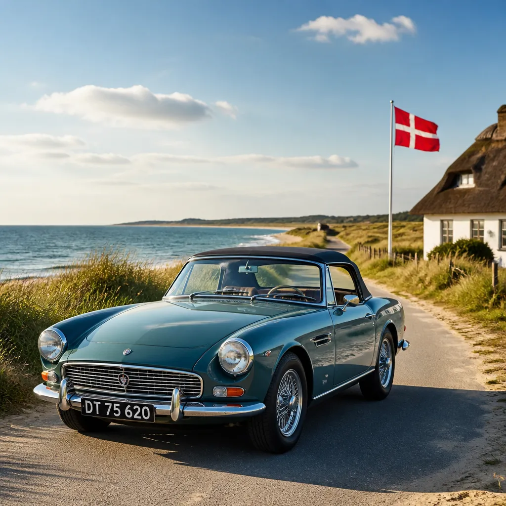 Klassischer Oldtimer auf einer Küstenstraße in Dänemark mit Dünen im Hintergrund