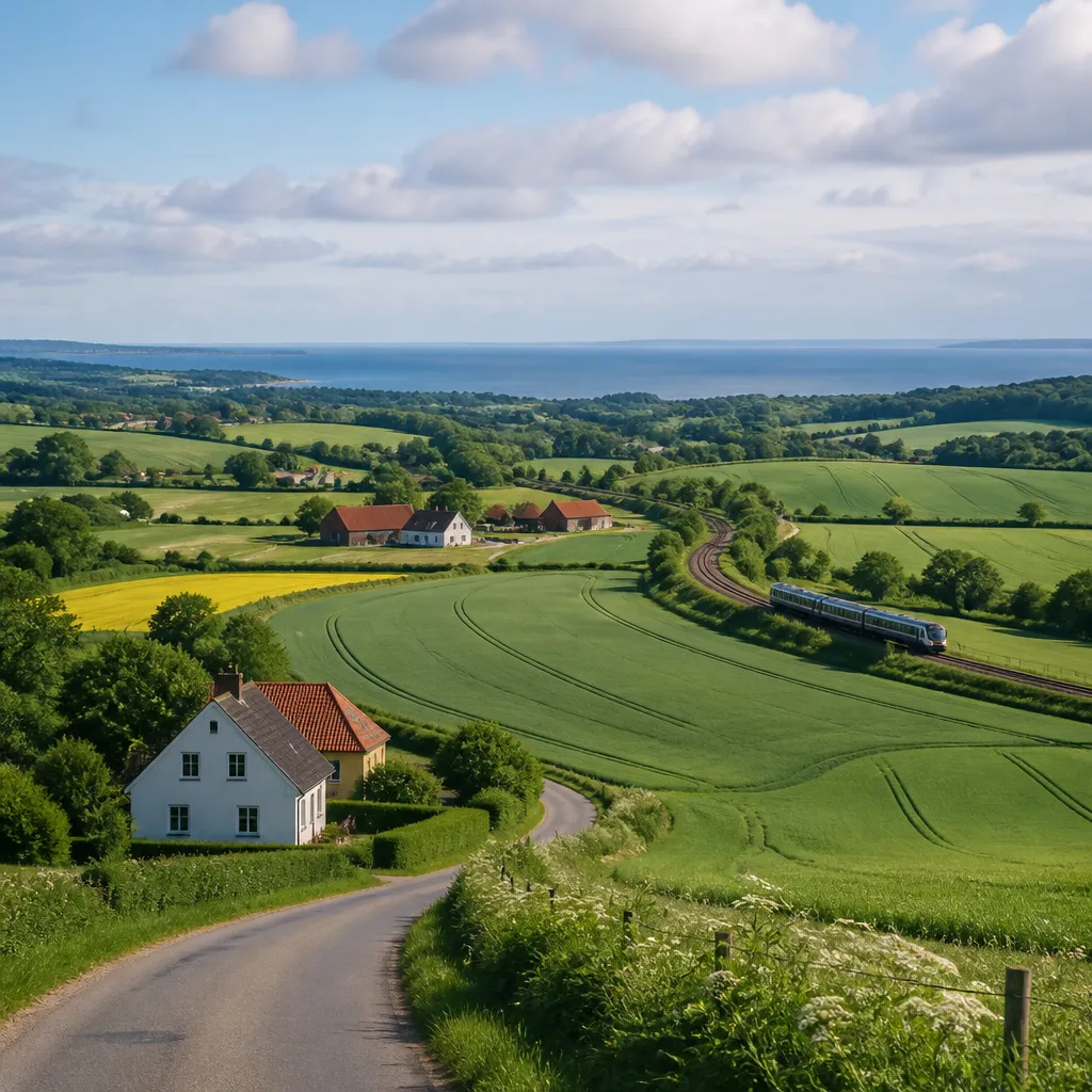 Ländliche Landschaft rund um Tinglev mit Feldern, kleinen Höfen und ruhigen Straßen in Süddänemark