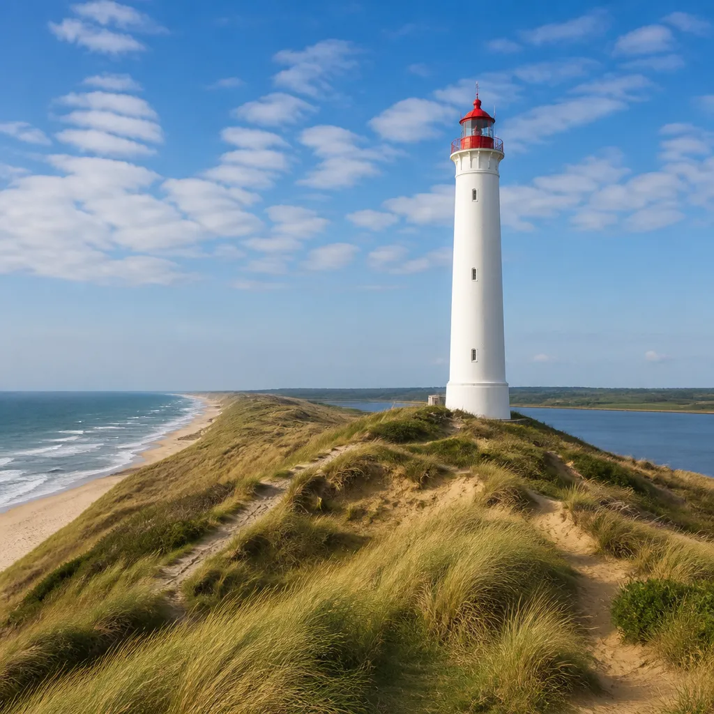 Weißer Leuchtturm Lyngvig Fyr auf einer Düne zwischen Nordsee und Ringkøbing Fjord
