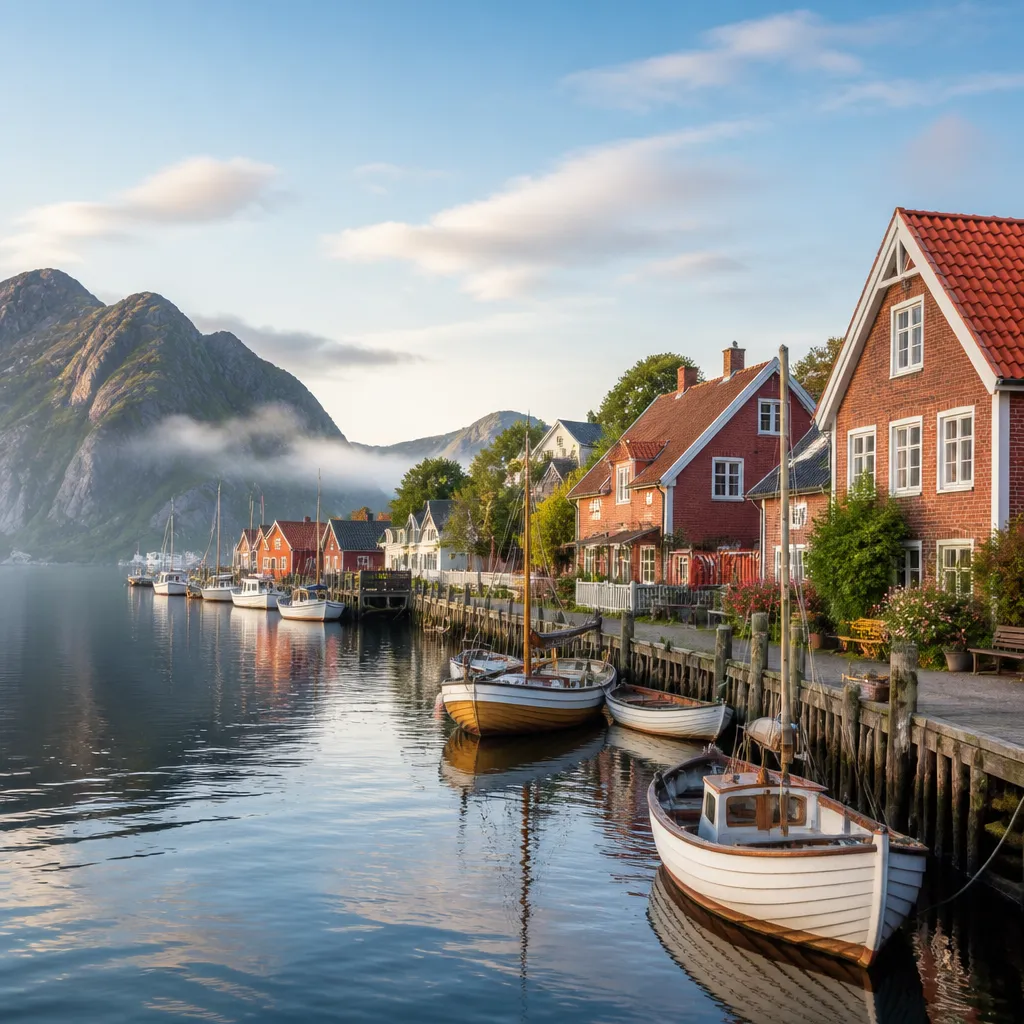 Kleiner Hafen mit Backsteinhäusern an der Flensburger Förde bei Egernsund